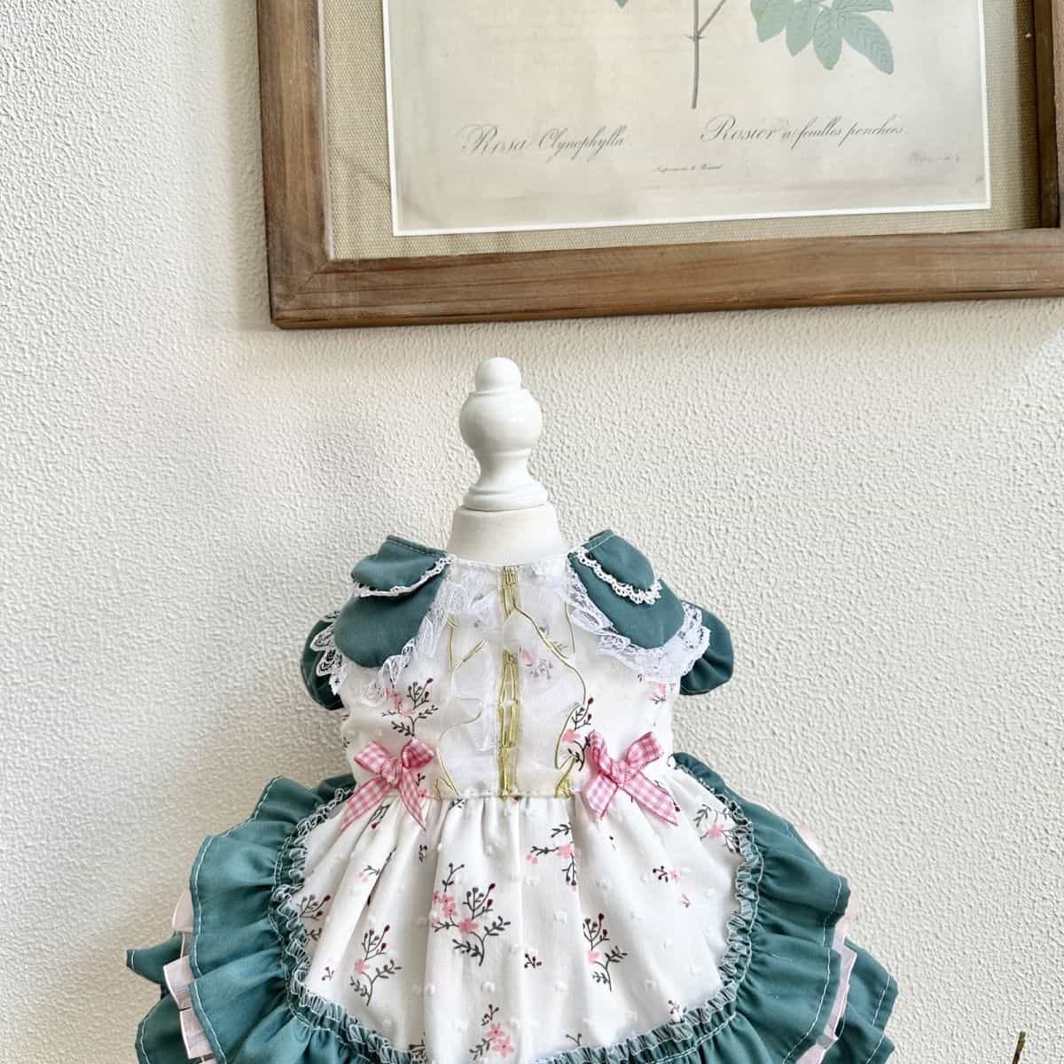 Customizable Charming Pet Dress in White with Floral Print and Teal Accents