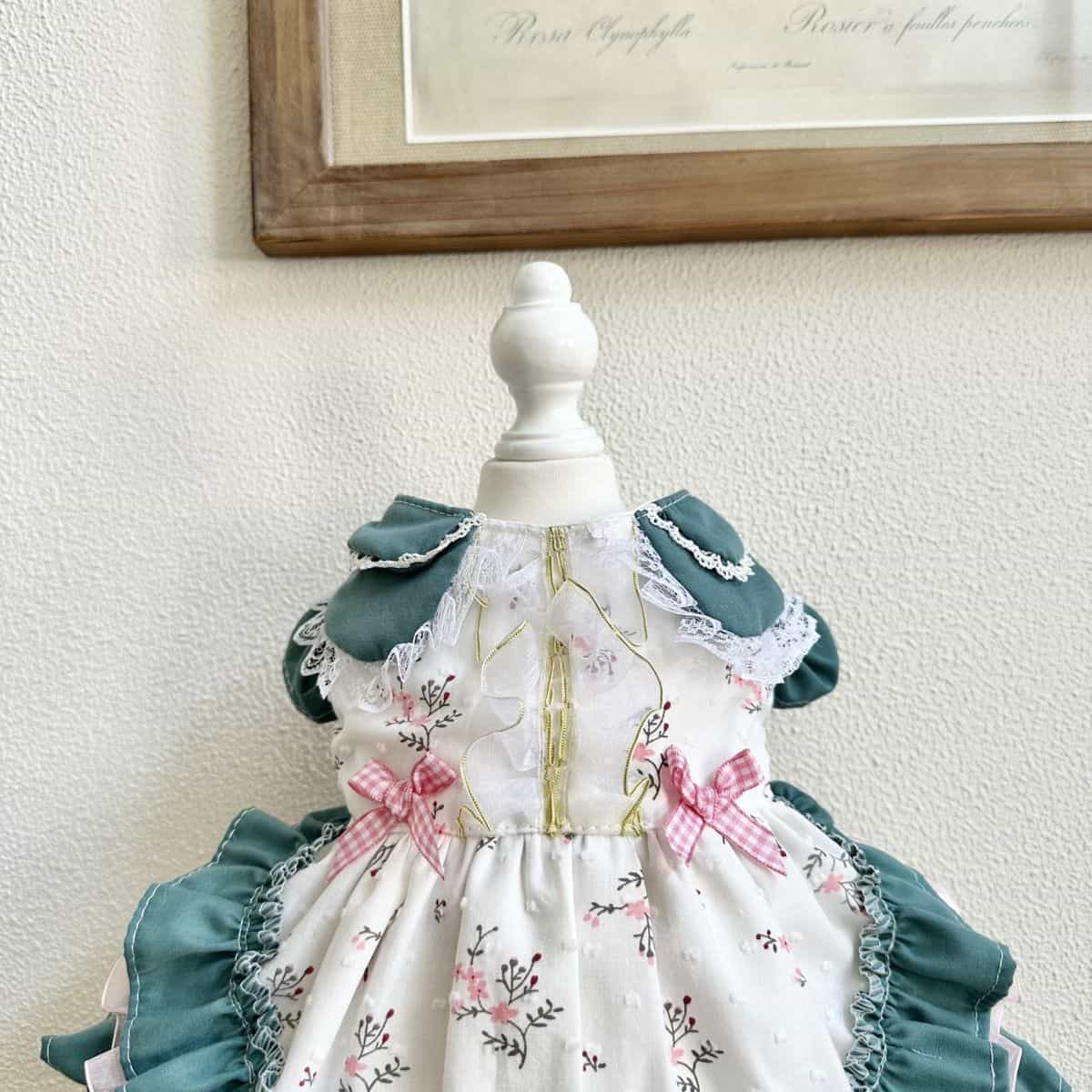 Customizable Charming Pet Dress in White with Floral Print and Teal Accents