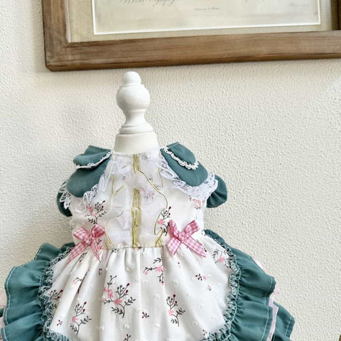 Customizable Charming Pet Dress in White with Floral Print and Teal Accents