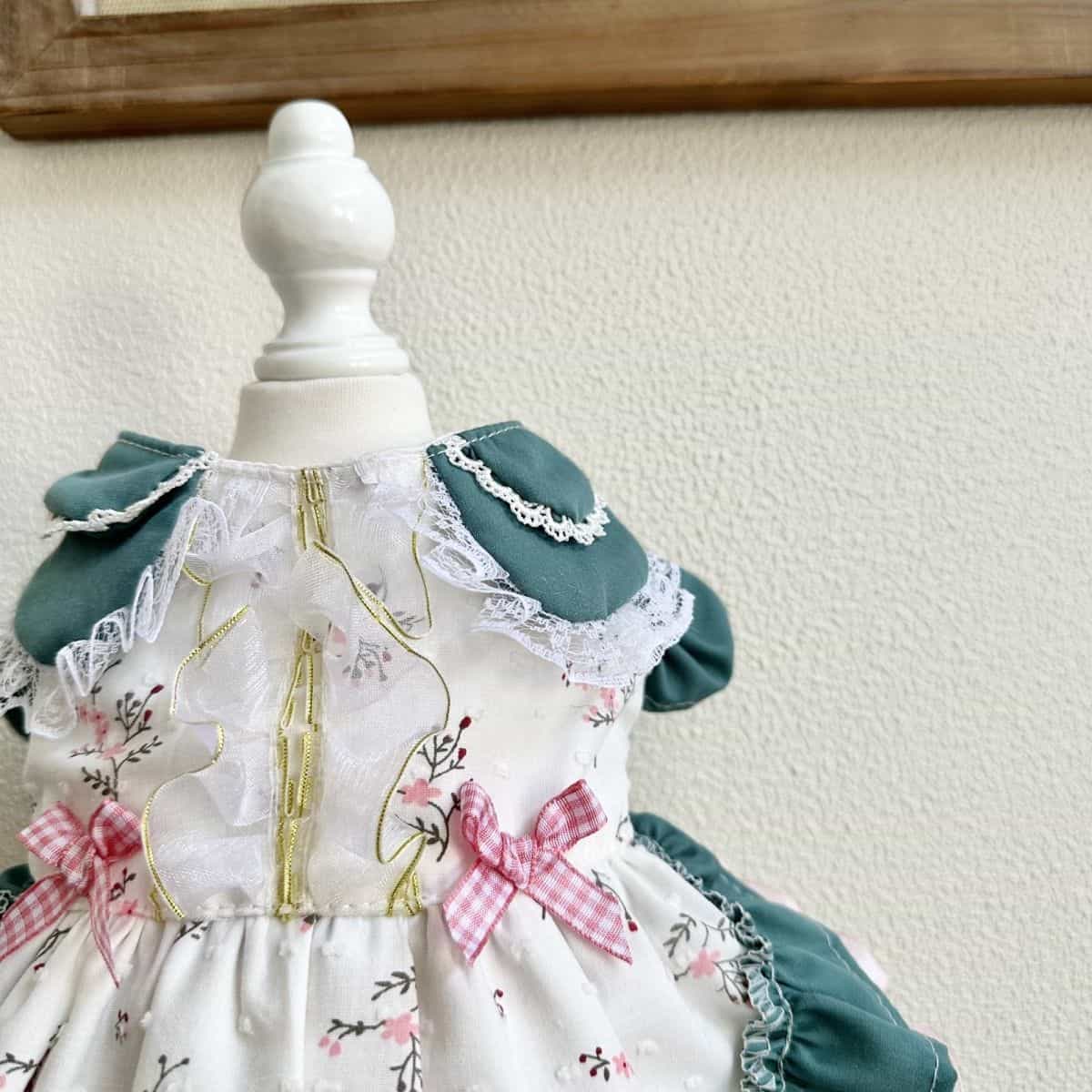 Customizable Charming Pet Dress in White with Floral Print and Teal Accents
