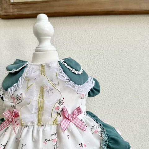Customizable Charming Pet Dress in White with Floral Print and Teal Accents