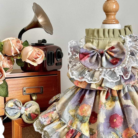 Customizable Floral Pet Dress with Ruffles and Lace Bow