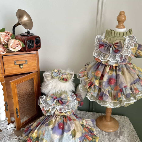 Customizable Floral Pet Dress with Ruffles and Lace Bow