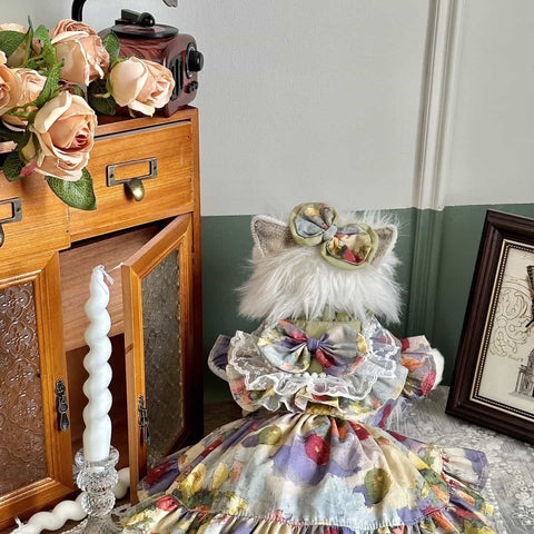 Customizable Floral Pet Dress with Ruffles and Lace Bow