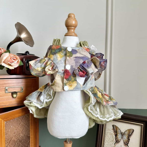 Customizable Floral Pet Dress with Ruffles and Lace Bow