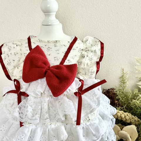 Customizable White Ruffled Pet Dress with Red Bow and Straps