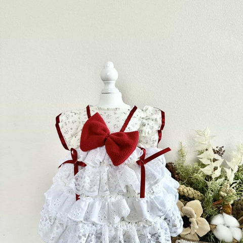 Customizable White Ruffled Pet Dress with Red Bow and Straps