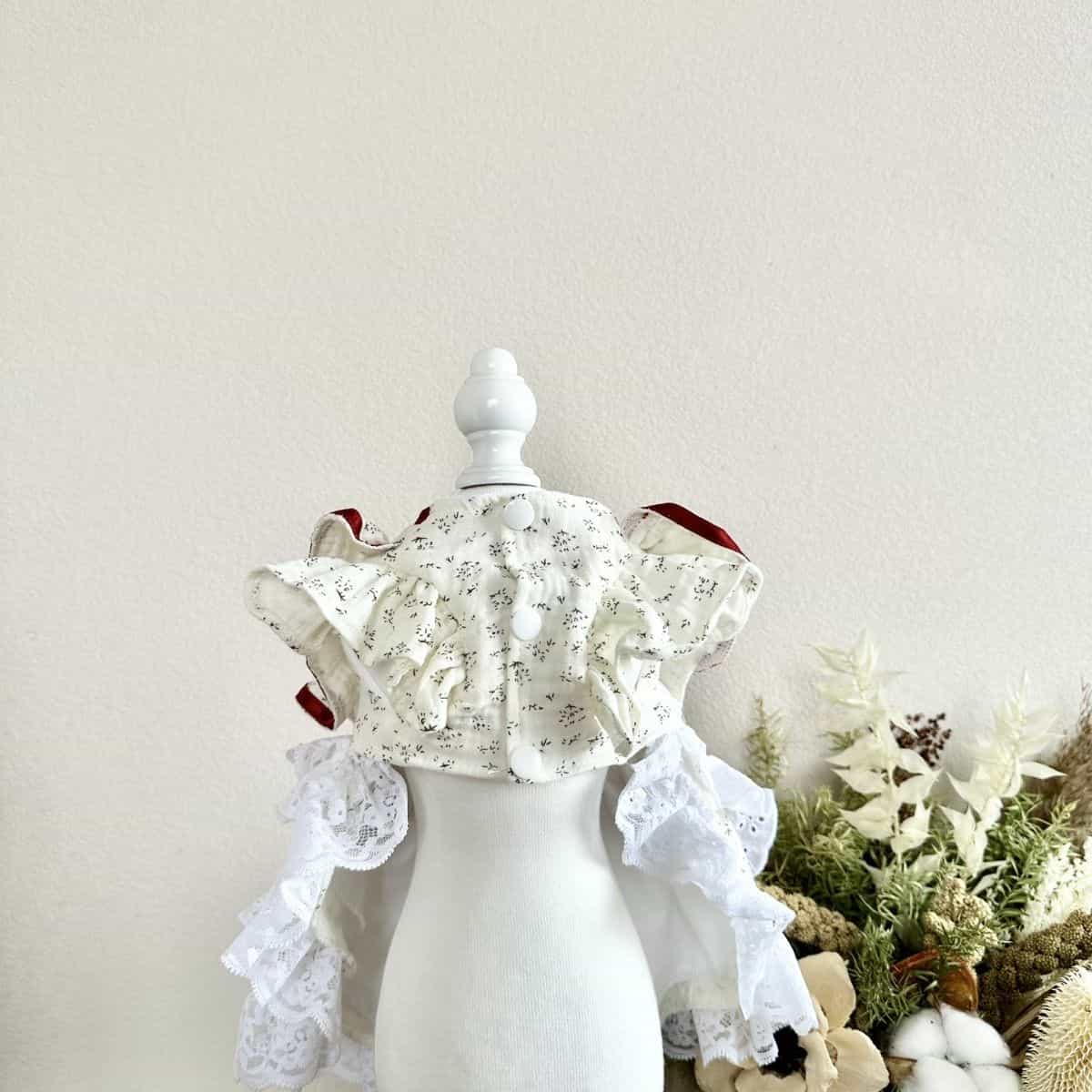 Customizable White Ruffled Pet Dress with Red Bow and Straps