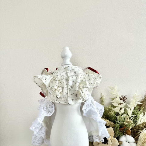 Customizable White Ruffled Pet Dress with Red Bow and Straps