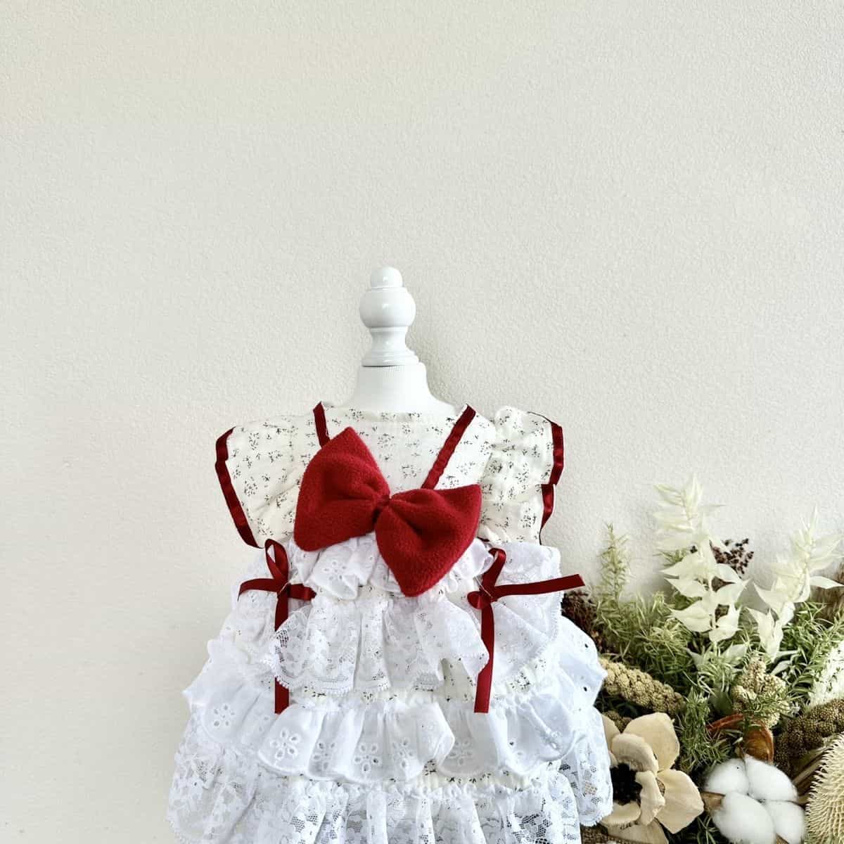Customizable White Ruffled Pet Dress with Red Bow and Straps