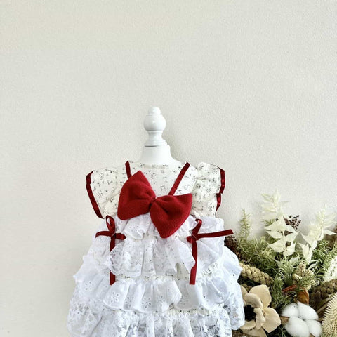 Customizable White Ruffled Pet Dress with Red Bow and Straps