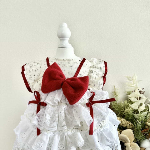 Customizable White Ruffled Pet Dress with Red Bow and Straps