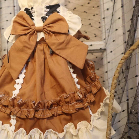 Robe personnalisable marron et crème pour animaux de compagnie avec volants et nœud