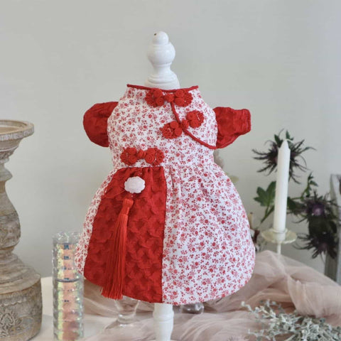 Customizable Adorable Pet Dress in Red and White Floral Pattern with Tassel Accents