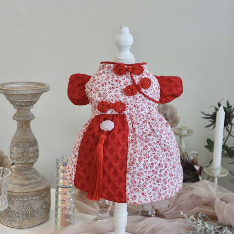 Customizable Adorable Pet Dress in Red and White Floral Pattern with Tassel Accents