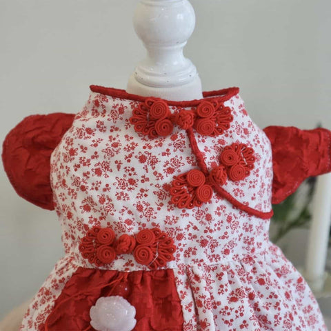 Customizable Adorable Pet Dress in Red and White Floral Pattern with Tassel Accents