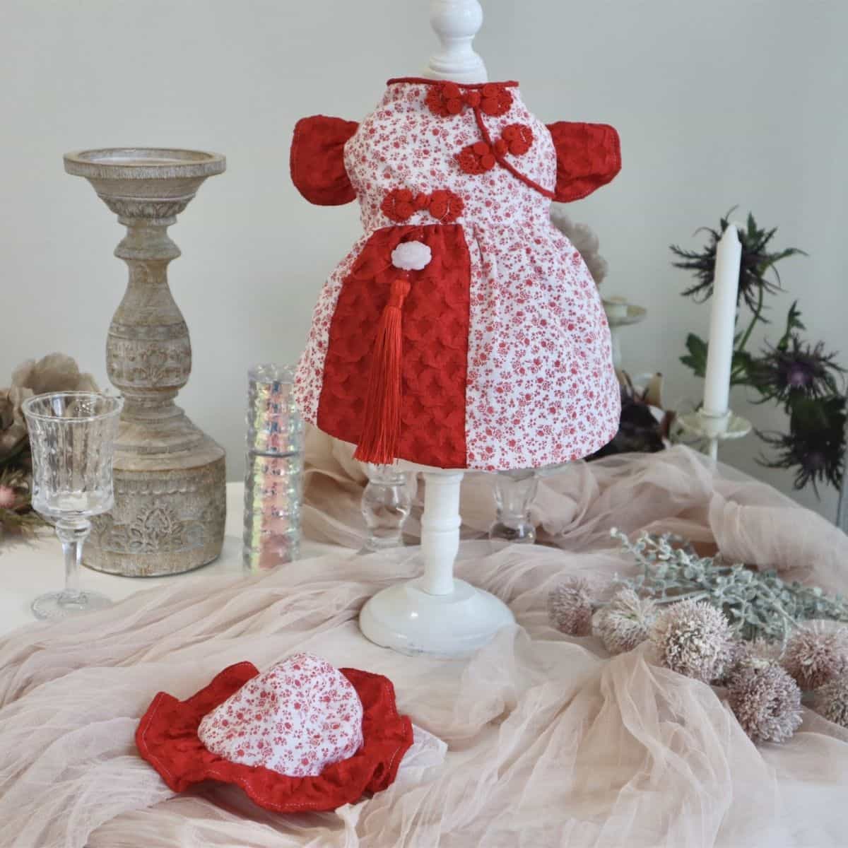 Customizable Adorable Pet Dress in Red and White Floral Pattern with Tassel Accents