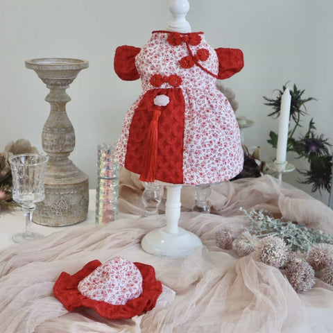 Customizable Adorable Pet Dress in Red and White Floral Pattern with Tassel Accents