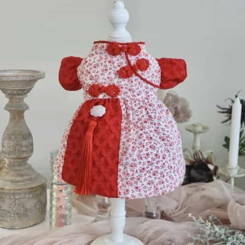 Customizable Adorable Pet Dress in Red and White Floral Pattern with Tassel Accents