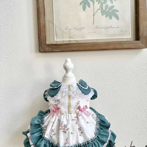Customizable Charming Pet Dress in White with Floral Print and Teal Accents
